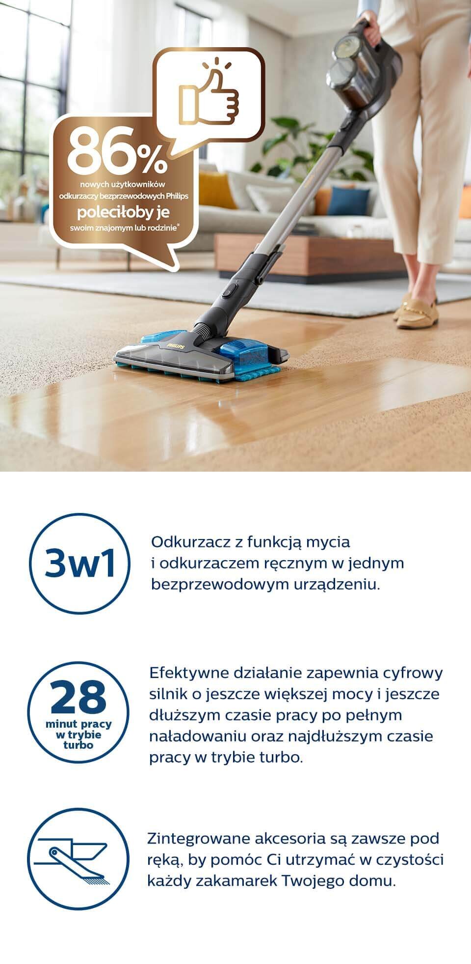 Osoba używa odkurzacza z funkcją mycia na drewnianej podłodze. Tekst na obrazie: \'86% nowych użytkowników odkurzaczy bezprzewodowych Philips poleciłoby je swoim znajomym lub rodzinie\', \'3w1 Odkurzacz z funkcją mycia i odkurzaczem ręcznym w jednym bezprzewodowym urządzeniu.\', \'28 minut pracy w trybie turbo Efektywne działanie zapewnia cyfrowy silnik o jeszcze większej mocy i jeszcze dłuższym czasie pracy po pełnym naładowaniu oraz najdłuższym czasie pracy w trybie turbo.\', \'Zintegrowane akcesoria są zawsze