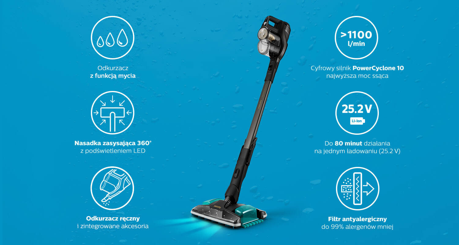 Obraz przedstawia odkurzacz pionowy z funkcją mycia na niebieskim tle. Obok znajdują się ikony z tekstem: \'Odkurzacz z funkcją mycia\', \'Nasadka zasysająca 360° z podświetleniem LED\', \'Odkurzacz ręczny i zintegrowane akcesoria\', \'>1100 l/min\', \'Cyfrowy silnik PowerCyclone 10 najwyższa moc ssąca\', \'25.2V\', \'Do 80 minut działania na jednym ładowaniu (25.2 V)\', \'Filtr antyalergiczny do 99% alergenów mniej\'.