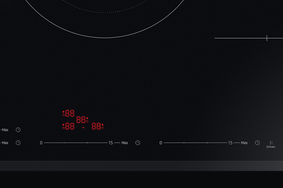 Czarna płyta indukcyjna z czerwonymi diodami, sterowana dotykowo