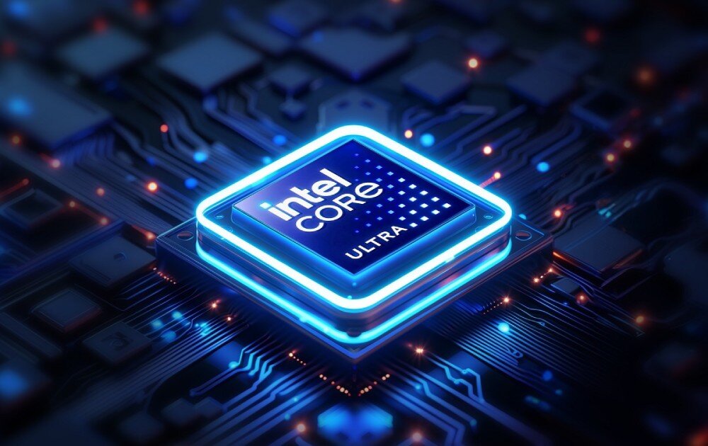 Obraz przedstawia procesor z napisem \'intel CORE ULTRA\' na tle płyty głównej z podświetleniem LED. Procesor jest centralnym elementem, otoczonym przez skomplikowane ścieżki i elementy elektroniczne.