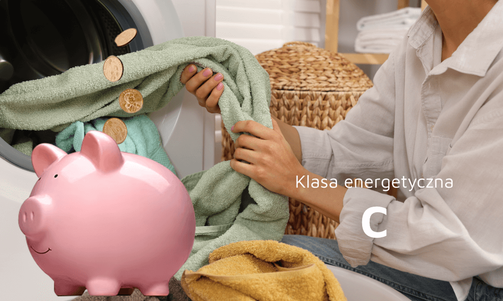 SUSZARKA BEKO XBM3T49249M wizualizacja skarbonka świnka kobieta dłonie ubrania pranie ręczniki monety Oszczędność suszenia ekologia