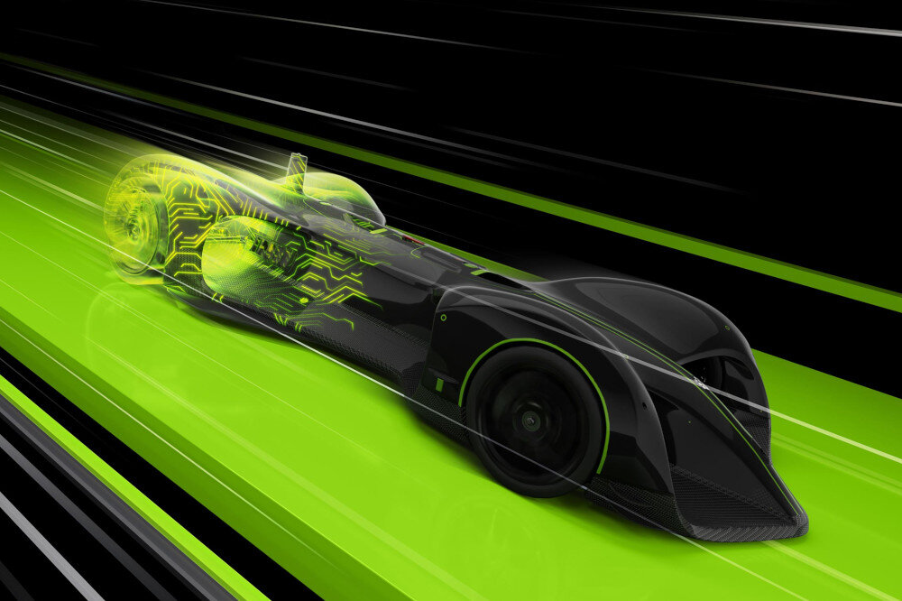 Obraz przedstawia futurystyczny samochód wyścigowy w ruchu, z czarną karoserią i neonowymi zielonymi akcentami. Tło jest dynamiczne, z zielonymi i czarnymi liniami sugerującymi prędkość.