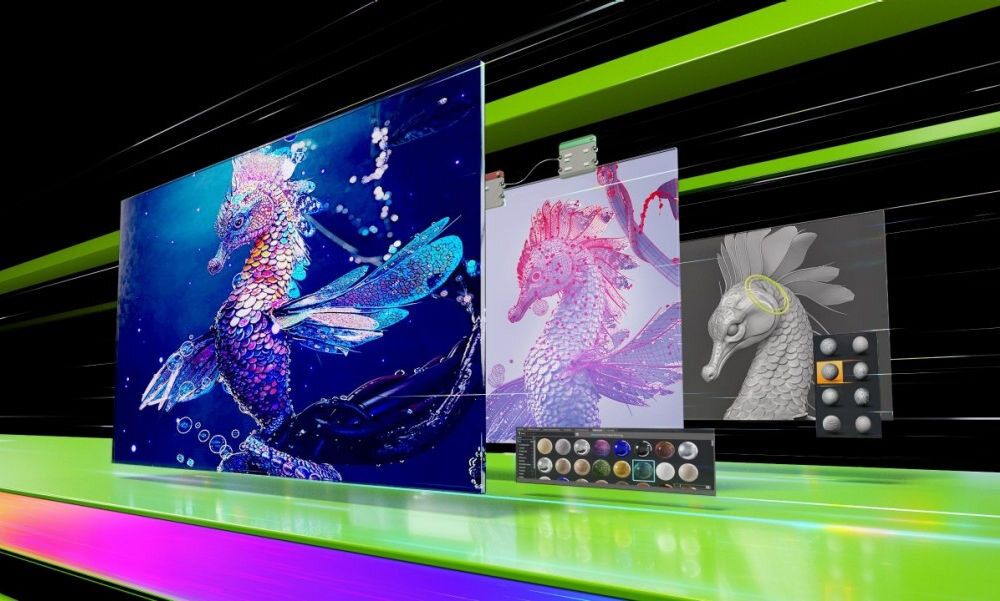 Obraz przedstawia kolorowego, fantastycznego konika morskiego na ekranie, z widocznymi narzędziami do edycji graficznej obok. Tło jest dynamiczne, z zielonymi i fioletowymi pasami.