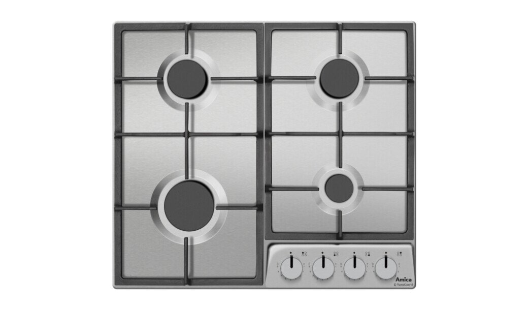 Na obrazie widoczna jest płyta gazowa z czterema palnikami i metalowymi rusztami. W prawym dolnym rogu znajduje się logo \'Amica\' oraz cztery pokrętła do regulacji płomienia.