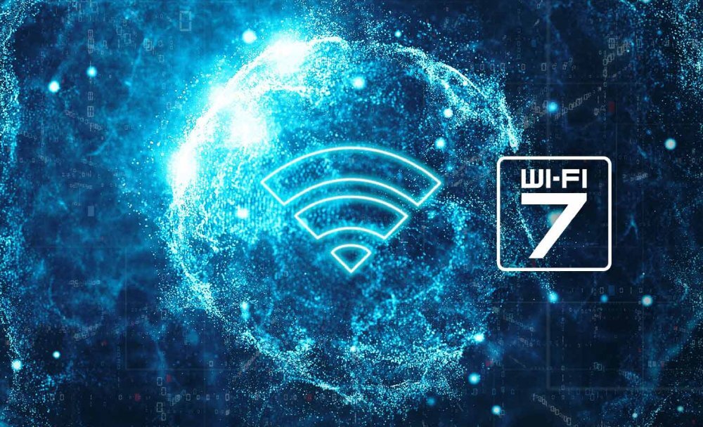 Obraz przedstawia niebieską grafikę z symbolem Wi-Fi oraz napisem \'Wi-Fi 7\'. W tle widoczny jest abstrakcyjny wzór przypominający rozbłyski światła.