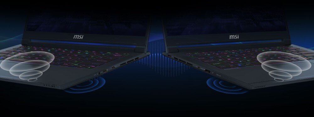 Dwa laptopy z logo \'msi\' na pokrywie, z podświetlaną klawiaturą w różnych kolorach. Wokół laptopów widoczne są graficzne efekty dźwiękowe.