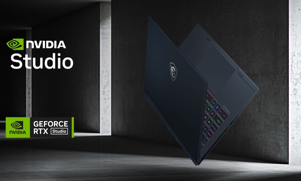 Obraz przedstawia laptopa z podświetlaną klawiaturą, unoszącego się w ciemnym pomieszczeniu. Widoczne są logotypy \'NVIDIA Studio\' oraz \'GEFORCE RTX Studio\'.