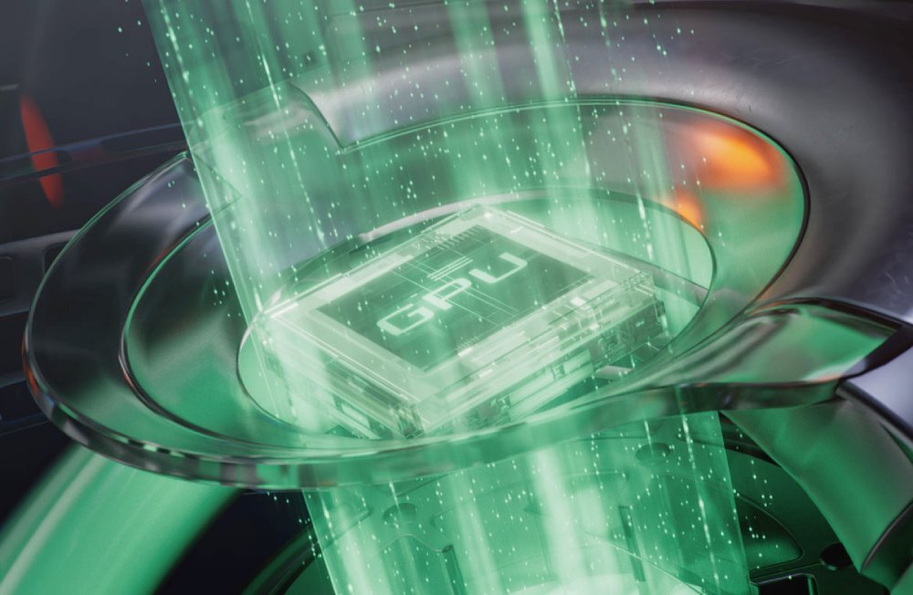 Obraz przedstawia futurystyczny układ scalony z napisem \'GPU\', otoczony zielonymi promieniami świetlnymi. W tle widoczne są elementy technologiczne i pomarańczowe światło.