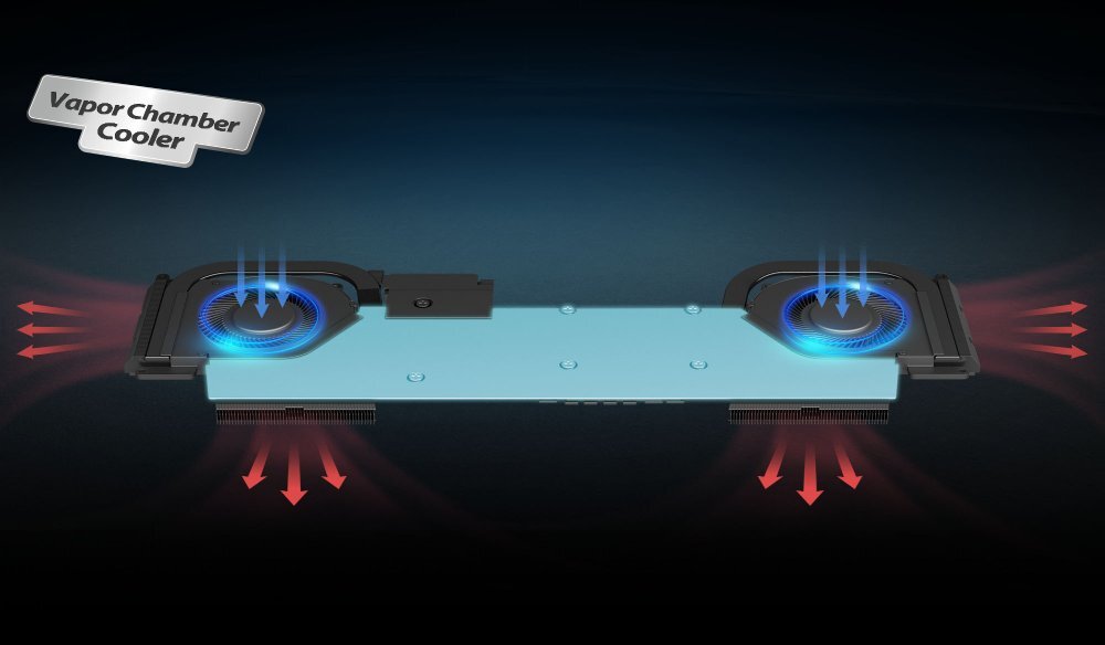 Obraz przedstawia system chłodzenia z napisem \'Vapor Chamber Cooler\'. Widoczne są niebieskie i czerwone strzałki symbolizujące przepływ powietrza.