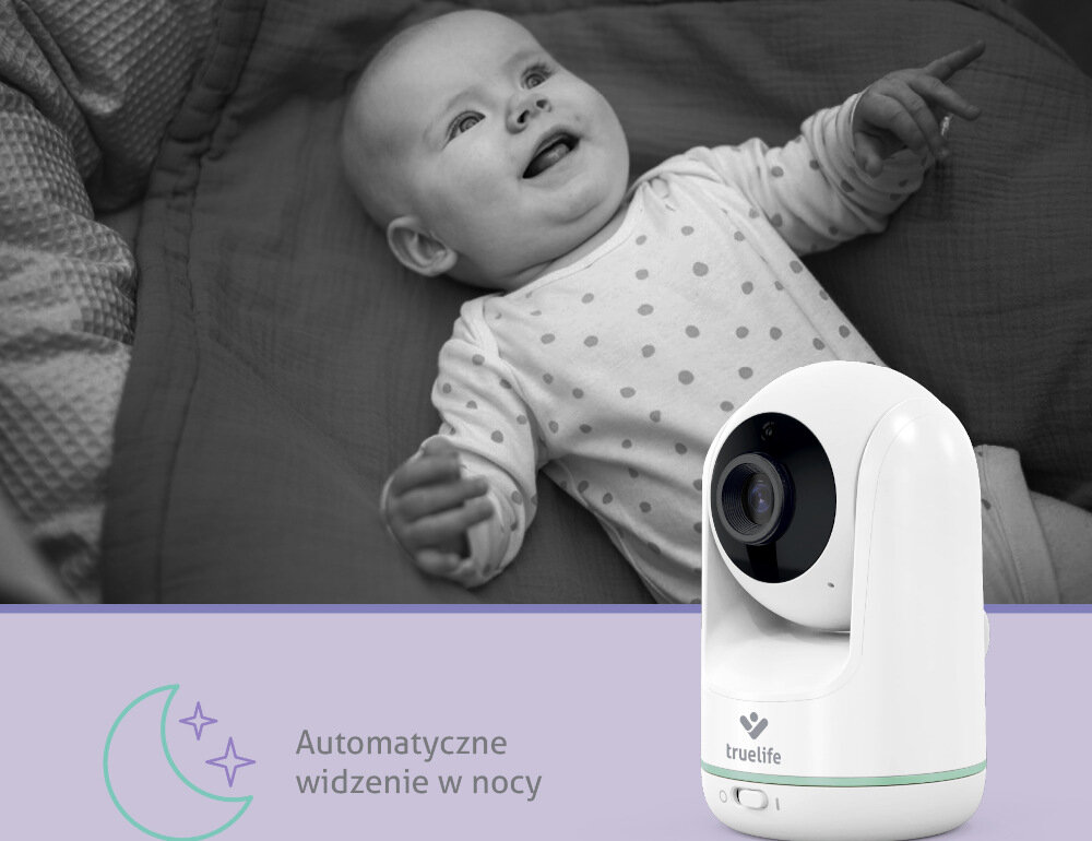 Na obrazie widoczna jest elektroniczna niania z logo \'truelife\' oraz uśmiechnięte dziecko leżące na łóżku. Na dole znajduje się tekst: \'Automatyczne widzenie w nocy\' obok ikony księżyca z gwiazdkami.