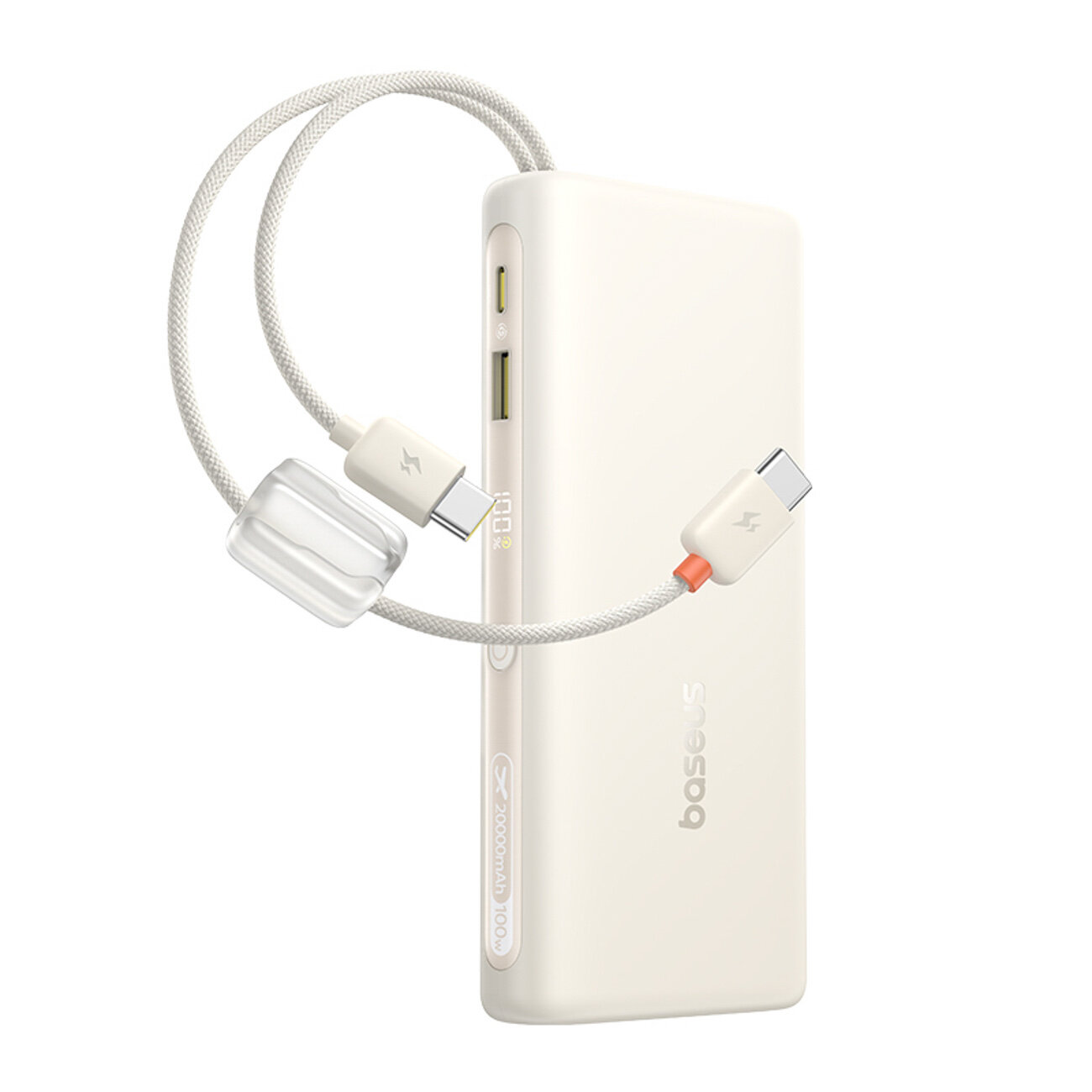 Biały powerbank z wbudowanymi kablami USB-C, oznaczony napisem \'baseus\' oraz \'20000mAh 100W\'.