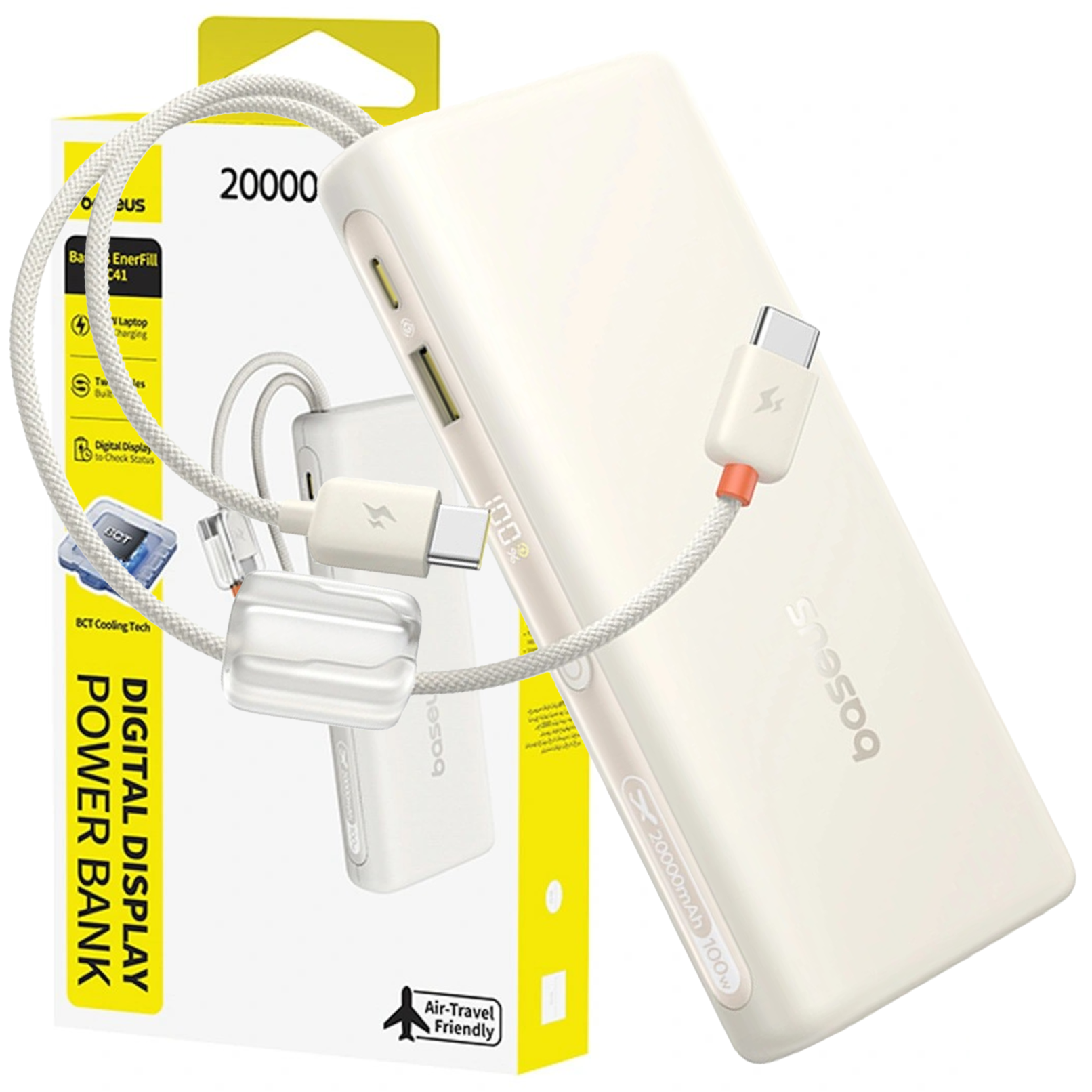Na obrazie widoczny jest biały powerbank z wbudowanymi kablami USB-C oraz opakowanie z napisem \'DIGITAL DISPLAY POWER BANK\'. Powerbank ma oznaczenie \'20000mAh 100W\' i logo \'baseus\'.