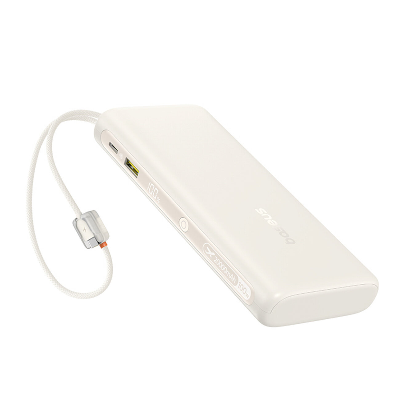 Biały powerbank z wbudowanym kablem USB-C, posiadający oznaczenia \'20000mAh\' i \'100W\'. Widoczne jest logo \'Baseus\' oraz porty USB i USB-C.