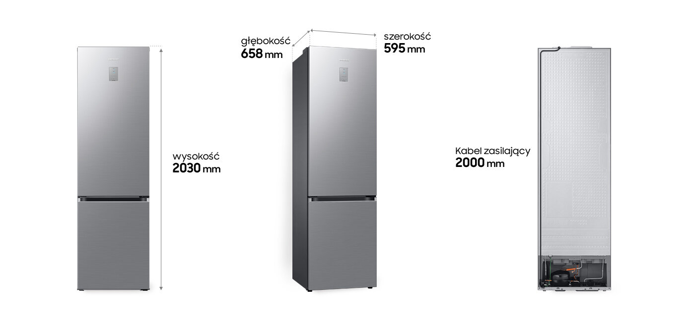 Wysokość, szerokość i głębokość lodówki Samsung RB38C675DS9 Obraz przedstawia lodówkę w kolorze szczotkowanej stali nierdzewnej z oznaczeniami wymiarów: wysokość 2030 mm, głębokość 658 mm, szerokość 595 mm oraz długość kabla zasilającego 2000 mm.