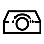Czarny symbol przedstawiający szufladę z pokrętłem i kroplami wody po obu stronach. Symbol sugeruje regulację wilgotności.
