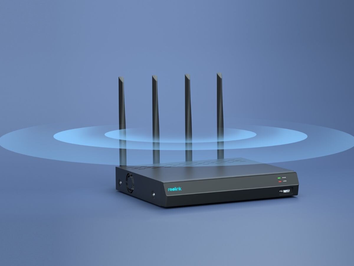 Rejestrator NVS12W Z Dyskiem 2TB REOLINK Wifi 12-Kanałowy, wifi, płynne, na żywo, elastyczne, na niebieskim tle rejestrator z wizualizacją fal wifi