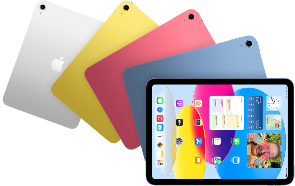 Na obrazie widoczne są cztery tablety w różnych kolorach: srebrnym, żółtym, różowym i niebieskim. Na ekranie jednego z tabletów wyświetlony jest interfejs z ikonami aplikacji i widżetami.