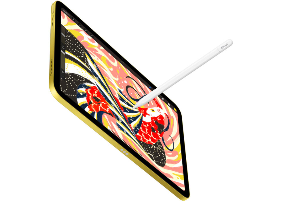 Tablet z kolorowym wyświetlaczem przedstawiającym abstrakcyjny wzór oraz biały rysik umieszczony nad ekranem. Na rysiku widoczny jest napis \'Pencil\'.