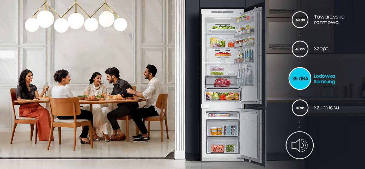 do aneksu kuchennego wybierz lodówkę do zabudowy brb70f30bes0eo, która działa cicho Po lewej stronie grupa osób siedzi przy stole, a po prawej otwarta lodówka z różnymi produktami spożywczymi. Obok lodówki znajduje się skala hałasu z oznaczeniem \'35 dBA Lodówka Samsung\'.