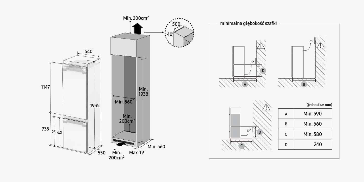 Wymiary lodówki do zabudowy BRB70F30BES0EO Schemat lodówki z wymiarami: wysokość 1935 mm, szerokość 540 mm, głębokość 550 mm. Po prawej stronie tabela z minimalnymi głębokościami szafki w milimetrach: A - Min. 590, B - Min. 560, C - Min. 580, D - 240.