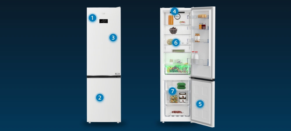 LODÓWKA BEKO B3RCNA404HW wizualizacja wnętrze wyposażenie punkty cechy Wyświetlacz elektroniczny Minimalistyczny design test wytrzymałościowy Oświetlenie LED Alarm dźwiękowy szuflady mrożenia półka na butelki