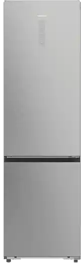 Srebrna lodówka z dwoma drzwiami, górne większe od dolnego. Na górnych drzwiach widoczne jest logo \'Hisense\'.