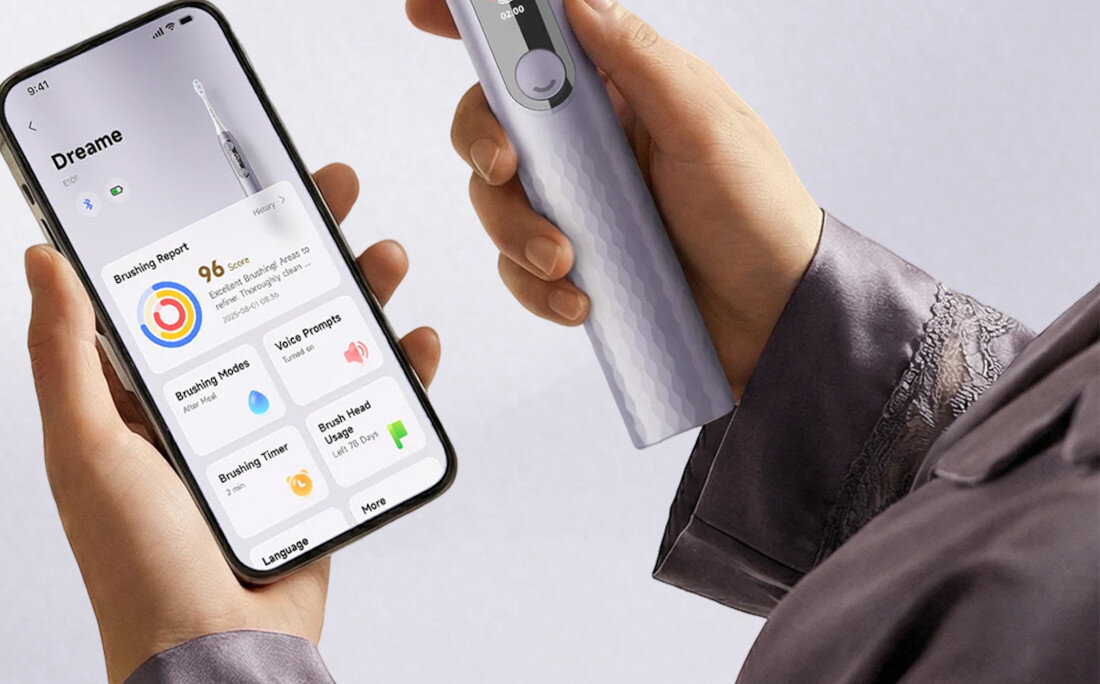 Szczoteczka soniczna DREAME E10F Set Fioletowy Aplikacja i wskazówki głosowe Aplikacja Dreamehome prezentując raporty i historię postępów  Wbudowany głośnik wskazówki głosowe zdjęcie lifestyle prezentacja aplikacji