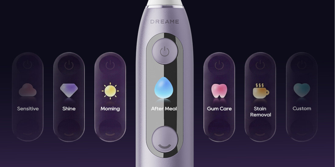 Szczoteczka soniczna DREAME E10F Set Srebrny Sensitive, Shine, Morning, After Meal, Gum Care, Stain Removal oraz Custom u dopasowanie działanie potrzeby pielęgnacja zdjęcie lifestyle prezentacja trybów
