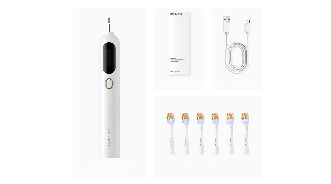 Na obrazie widoczna jest biała szczoteczka soniczna z napisem \'DREAME\' oraz pięć wymiennych końcówek, kabel USB i instrukcja obsługi.