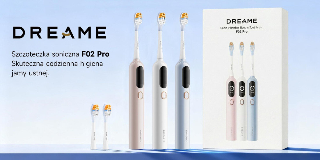 Obraz przedstawia trzy szczoteczki soniczne w kolorach różowym, białym i niebieskim oraz ich opakowanie z napisem \'DREAME Sonic Vibration Electric Toothbrush F02 Pro\'. Widoczny jest również tekst: \'Szczoteczka soniczna F02 Pro Skuteczna codzienna higiena jamy ustnej.\'