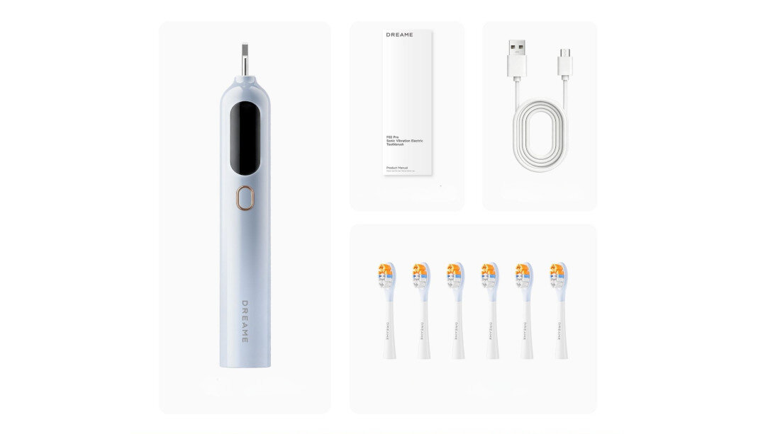 Na obrazie widoczna jest niebieska szczoteczka soniczna z logo \'DREAME\', sześć wymiennych końcówek, kabel USB oraz instrukcja obsługi. Wszystkie elementy są rozmieszczone na białym tle.