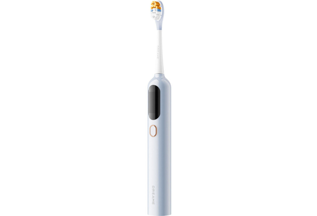 Na obrazie widoczna jest niebieska szczoteczka soniczna z białą główką i napisem \'DREAME\' na uchwycie. Szczoteczka ma prosty, nowoczesny design z jednym przyciskiem na uchwycie.