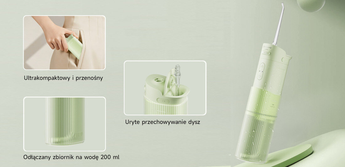 Irygator DREAME T01 Zielony Praktyczny schowek na dyszę Wbudowane miejsce na końcówkę zdjęcie lifestyla na zdjęciu prezentacja przechowywania dysz zbiornika i wsuwania do kieszeni irygatora