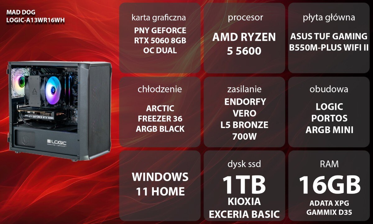 Na obrazie widać komputer stacjonarny z obudową wyposażoną w dwa wentylatory z podświetleniem RGB. W tle znajduje się monitor z kolorową grafiką oraz mysz komputerowa na biurku.