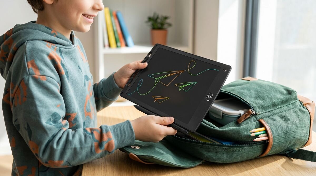 CELLULARLINE GRAPHICTABLET2 dużemu wyświetlaczowi o przekątnej 12 cali Kolorowa matryca narzędzie do nauki pisania, liczenia i tworzenia pierwszych dzieł sztuki - tablet w ręku chłopaca nad plecakiem