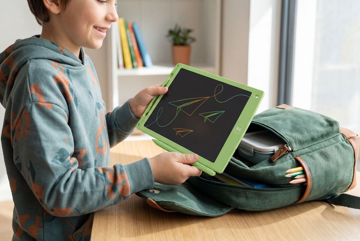 CELLULARLINE GRAPHICTABLET2 dużemu wyświetlaczowi o przekątnej 8,5 cala Kolorowa matryca narzędzie do nauki pisania, liczenia i tworzenia pierwszych dzieł sztuki - tablet w ręku chłopaca nad plecakiem