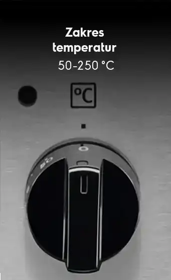 Zdjęcie przedstawia pokrętło z oznaczeniem temperatury od 50 do 250 stopni Celsjusza. Nad pokrętłem widoczny jest tekst: \'Zakres temperatur 50-250 °C\'.