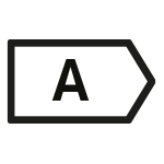 Czarny symbol w kształcie strzałki z literą \'A\' w środku, oznaczający klasę energetyczną.