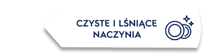 Grafika przedstawia biały prostokąt z tekstem \'CZYSTE I LŚNIĄCE NACZYNIA\' oraz ikoną dwóch talerzy z gwiazdkami po prawej stronie.