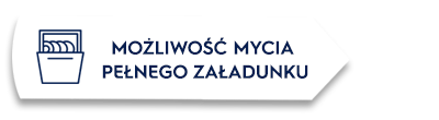 Ikona przedstawiająca zarys zmywarki z otwartymi drzwiami oraz tekst \'MOŻLIWOŚĆ MYCIA PEŁNEGO ZAŁADUNKU\'.
