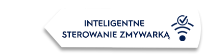 Grafika przedstawia biały prostokąt z tekstem \'INTELIGENTNE STEROWANIE ZMYWARKĄ\' oraz ikoną symbolizującą sygnał bezprzewodowy i zaznaczenie wyboru.