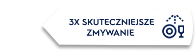 Grafika przedstawia biały prostokąt z tekstem \'3X SKUTECZNIEJSZE ZMYWANIE\' oraz ikoną symbolizującą zmywanie naczyń.
