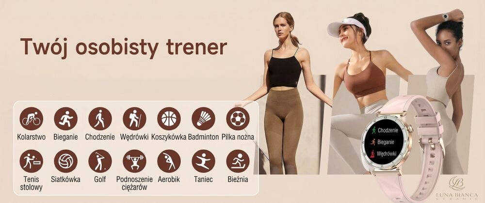 Luna Bianca Ceramic tryby sportowe krokomierz kalorie pasek silikonowy trening