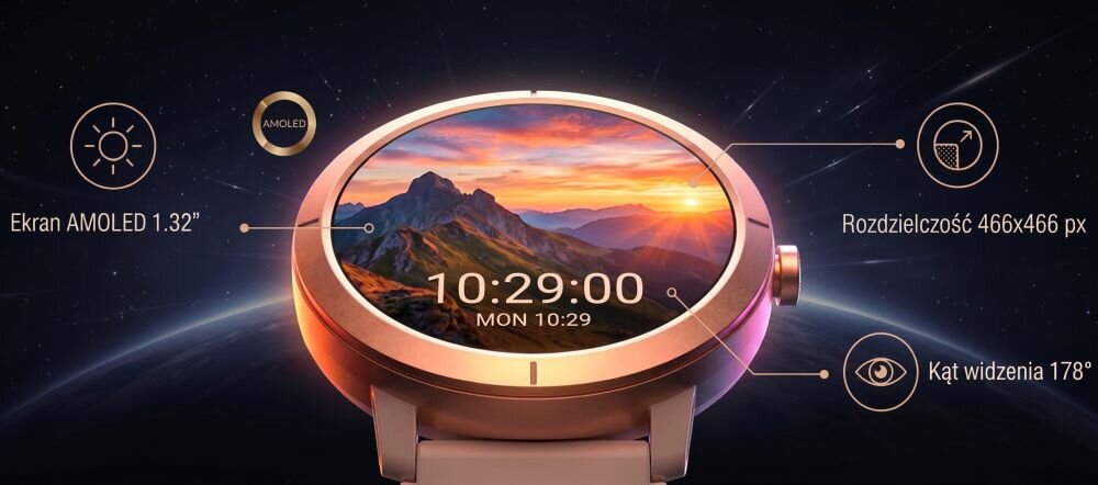 Złoty smartwatch z okrągłym ekranem AMOLED 1.32 cala, wyświetlający krajobraz górski oraz czas 10:29:00, MON 10:29. Widoczne są informacje: \'Ekran AMOLED 1.32\', \'Rozdzielczość 466x466 px\', \'Kąt widzenia 178°\'.