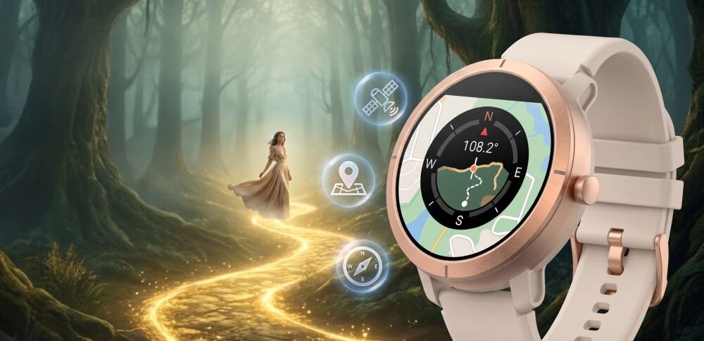 Smartwatch z okrągłym wyświetlaczem pokazuje kompas i mapę, na tle leśnej ścieżki z postacią w oddali. Obok zegarka widoczne są ikony GPS, mapy i kompasu.