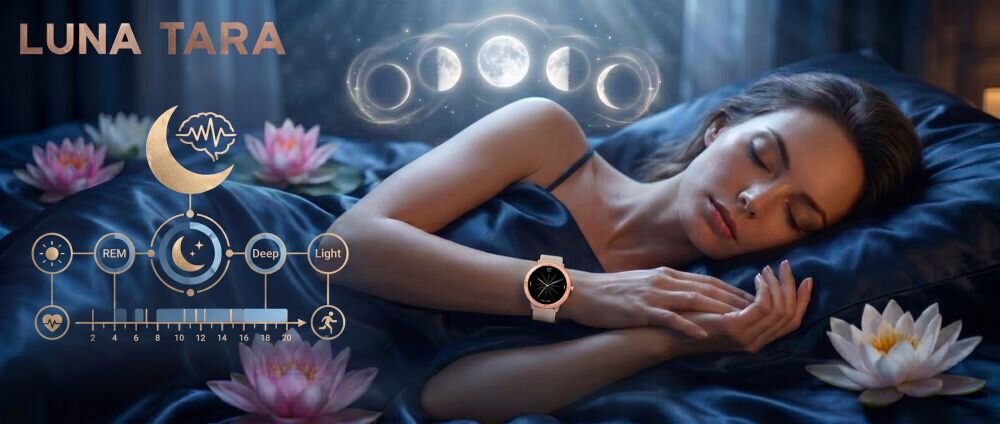 Kobieta śpi na ciemnoniebieskiej pościeli, nosząc złoty smartwatch na nadgarstku. W tle widoczne są kwiaty lotosu oraz grafiki przedstawiające fazy księżyca i wykresy snu z napisami \'LUNA TARA\', \'REM\', \'Deep\', \'Light\'.