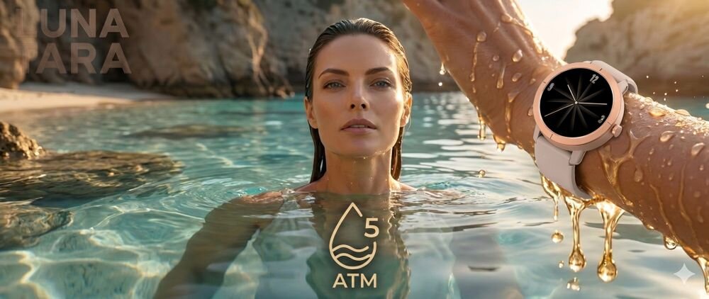 Osoba w wodzie z uniesioną ręką, na której znajduje się złoty smartwatch. Na obrazie widoczny jest tekst \'5 ATM\' oraz logo w kształcie kropli wody.