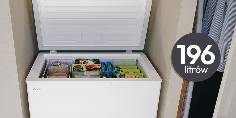 ZAMRAŻARKA CANDY CHAE 2002E otwarta wnętrze produkty mrożonki Pojemność: 196 l utrzymanie porządku