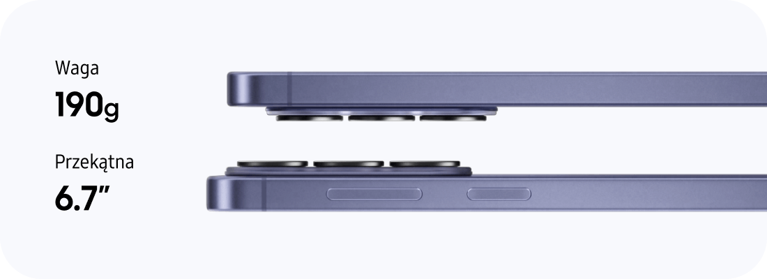 Obraz przedstawia dwa smartfony ułożone jeden na drugim, widoczne z boku. Po lewej stronie znajduje się tekst: \'Waga 190g, Przekątna 6.7\