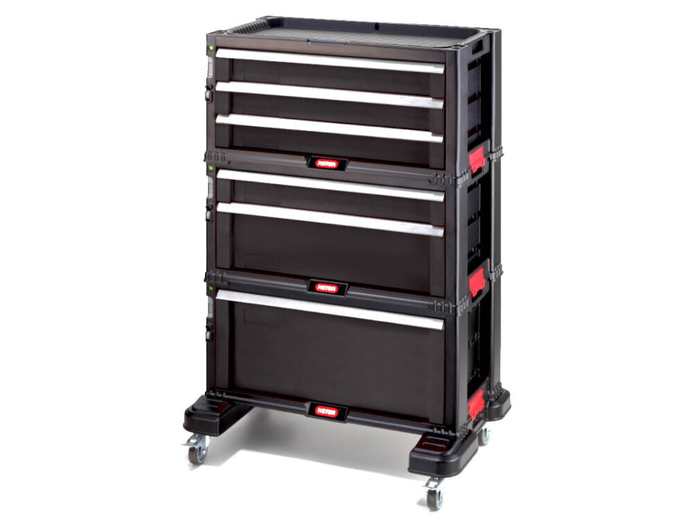 Regał z szufladami KETER 17201228 Czarny regał na białym tle zamknięte szuflady do przechowywania i organizacji narzędzi pojemna konstrukcja wspiera efektywne wykonywanie zadań komfort pracy